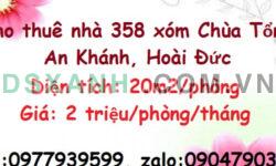 ✔️Cho thuê nhà 358 xóm Chùa Tổng An Khánh, Hoài Đức, 2tr/phòng; 0977939599
