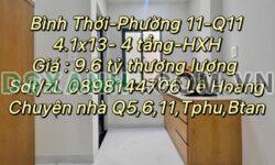 Bán nhà Bình Thới Q11, 4 tầng, HXH, 4.1x13m, Giá 9.6 tỷ