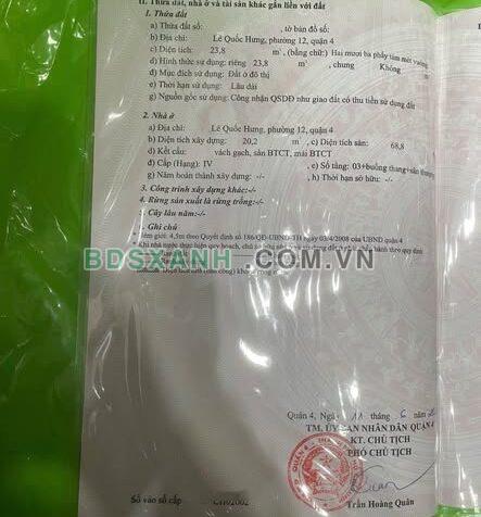 Bán nhà Quận 4, 3x8m, 4 tầng, 4.4 tỷ, gần Chợ Xóm Chiếu