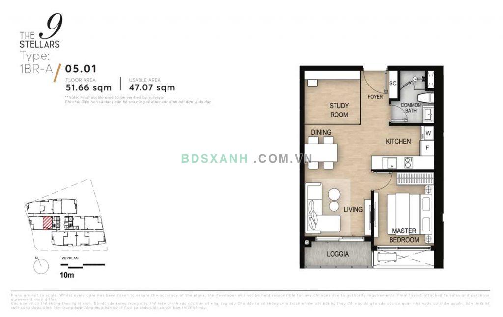 Thiết kế chi tiết căn hộ 1 phòng ngủ diện tích 51,66 m2