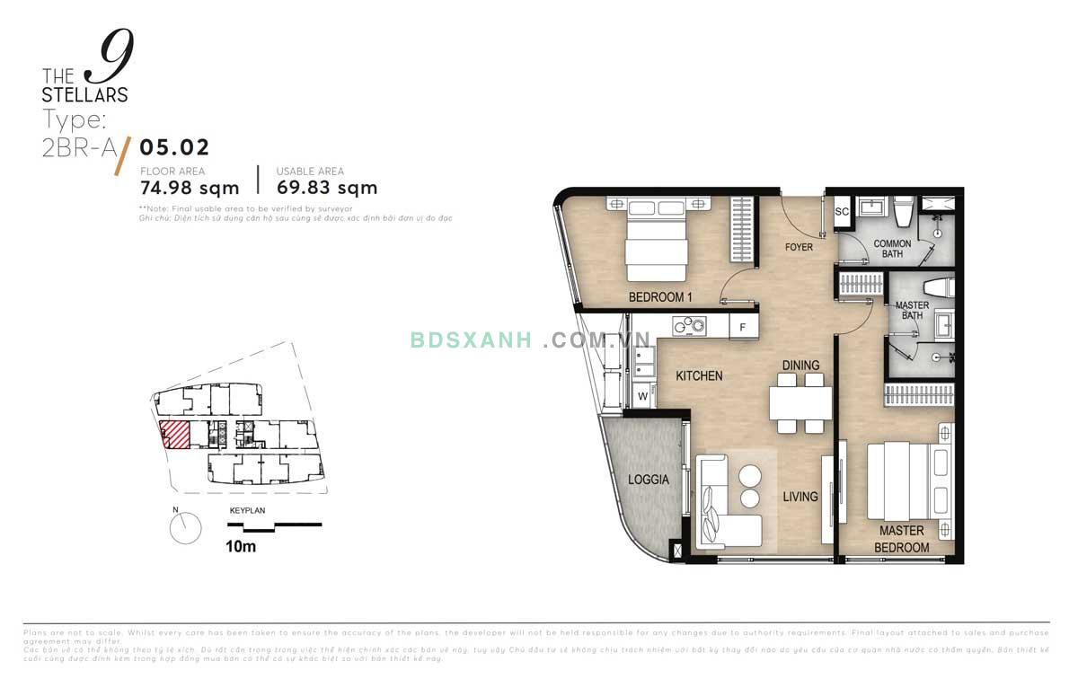 Thiết kế chi tiết căn hộ 2 phòng ngủ diện tích 74,98 m2