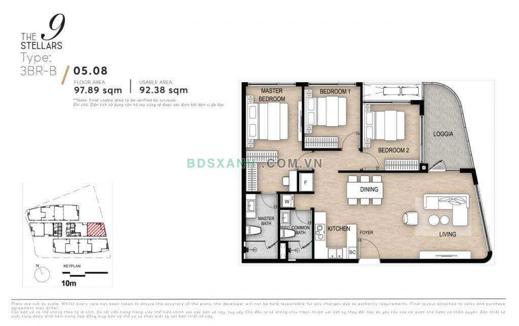 Thiết kế chi tiết căn hộ 3 phòng ngủ diện tích 97,89 m2