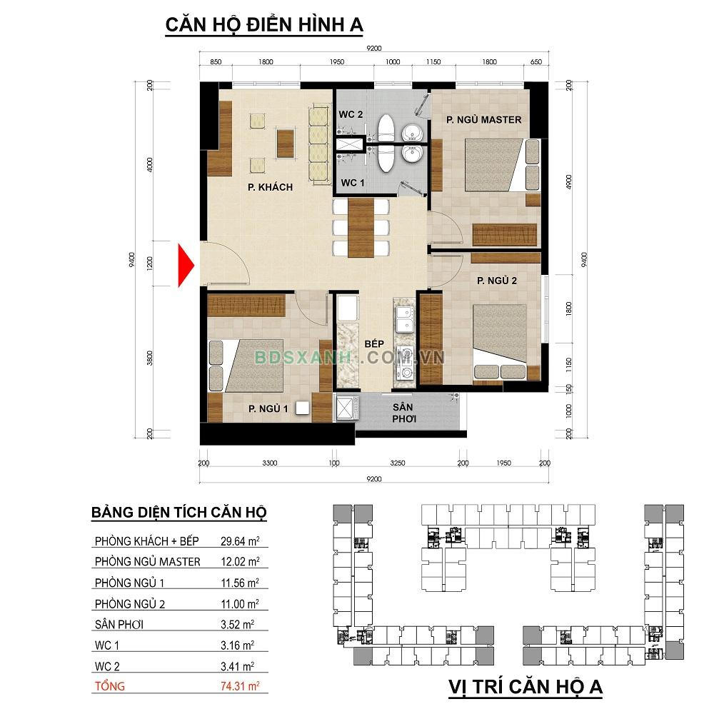 Căn hộ điển hình A diện tích 75m2