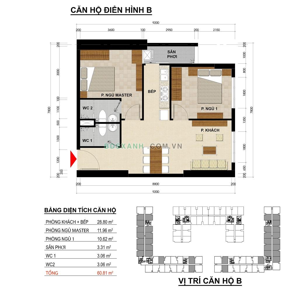 Căn hộ điển hình B diện tích 61m2