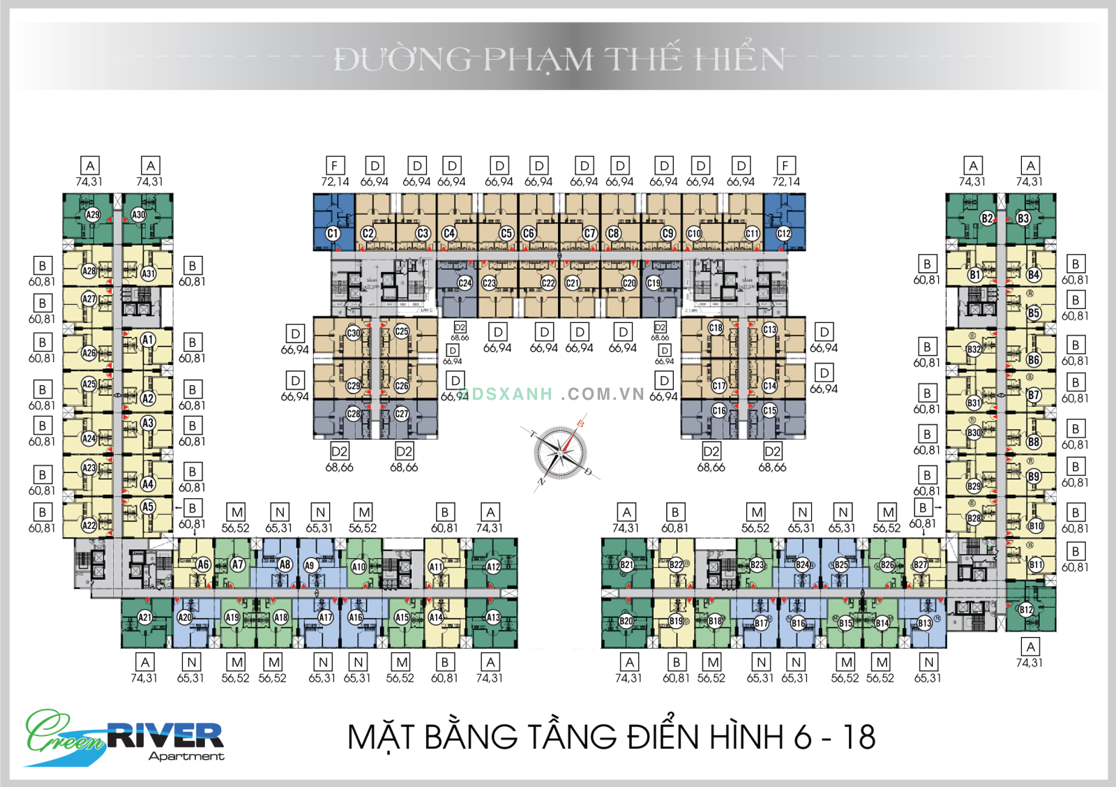 Mặt bằng tầng 6 đến tầng 18 căn hộ Green River