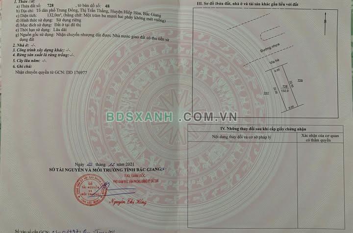 Bán 132m2 đất Thị trấn Thắng, Huyện Hiệp Hòa, nhỉnh 3 tỷ