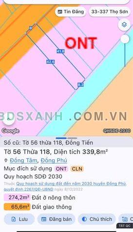 Bán đất Xã Đồng Tiến, Đồng Phú, Bình Phước, 336m² (100TC), 800 Tr