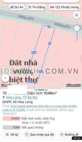 Bán Đất Đường Số 8, Xã Hòa Long, TP Bà Rịa, 1048m2, 6.6 Tỷ