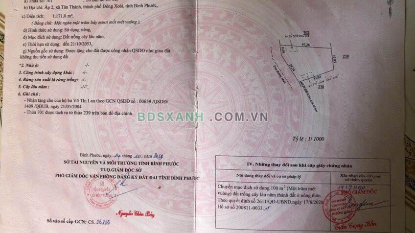 Bán Đất Xã Tân Thành, H. Đồng Phú gần 1200m2, MT 39m, 2tyxxx