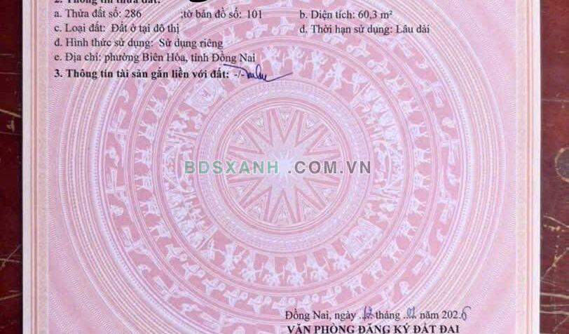 Bán đất lô góc 60.3m² Phường Quang Vinh, Thành phố Biên Hòa – 2.9 tỷ
