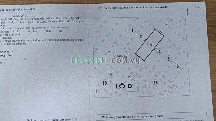 Bán đất Dự án Thành Thắng, Cao Xanh, TP Hạ Long – DT 77.5m², 35Tr/m²