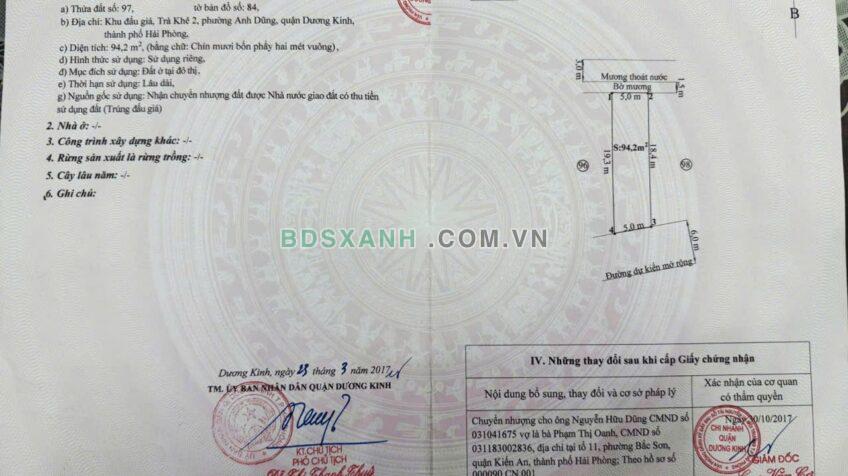 Bán đất Trà Khê, P. Hưng Đạo, Q. Dương Kinh 94.2m2 giá 36tr/m2