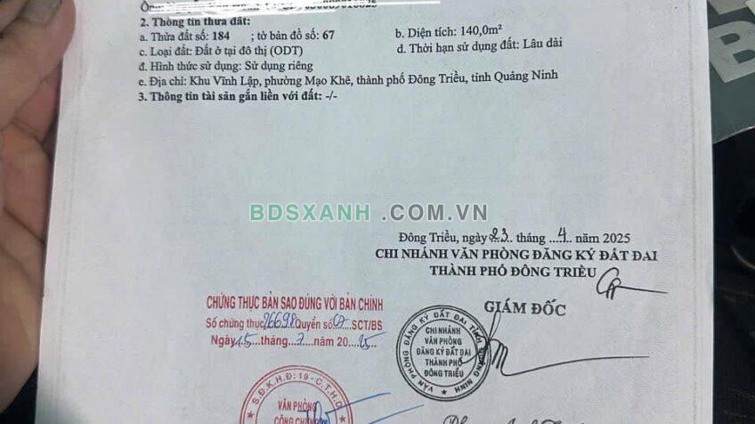 Bán 140m² đất Xã Vĩnh Lập, Thị xã Đông Triều, 700 Triệu