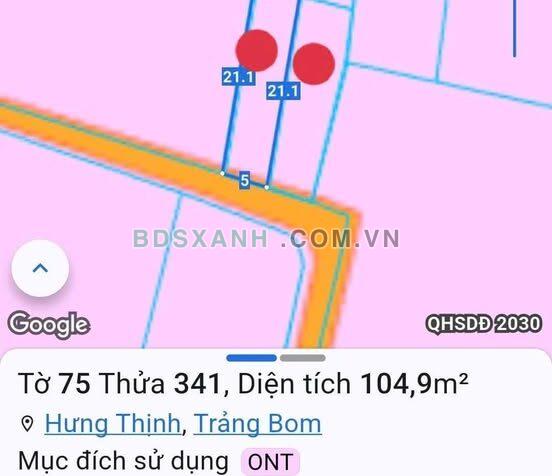 Bán Đất 105m2, Xã Hưng Thịnh, H. Trảng Bom, Đồng Nai, Hơn 800Tr TL